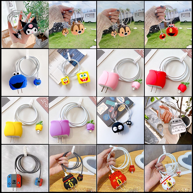 Kartun 18W 20W PD Charger Silikon Pelindung Case Dengan Adaptor Pelindung Untuk iPhone Lembut Winder Cover Kabel USB Pelindung Shell
