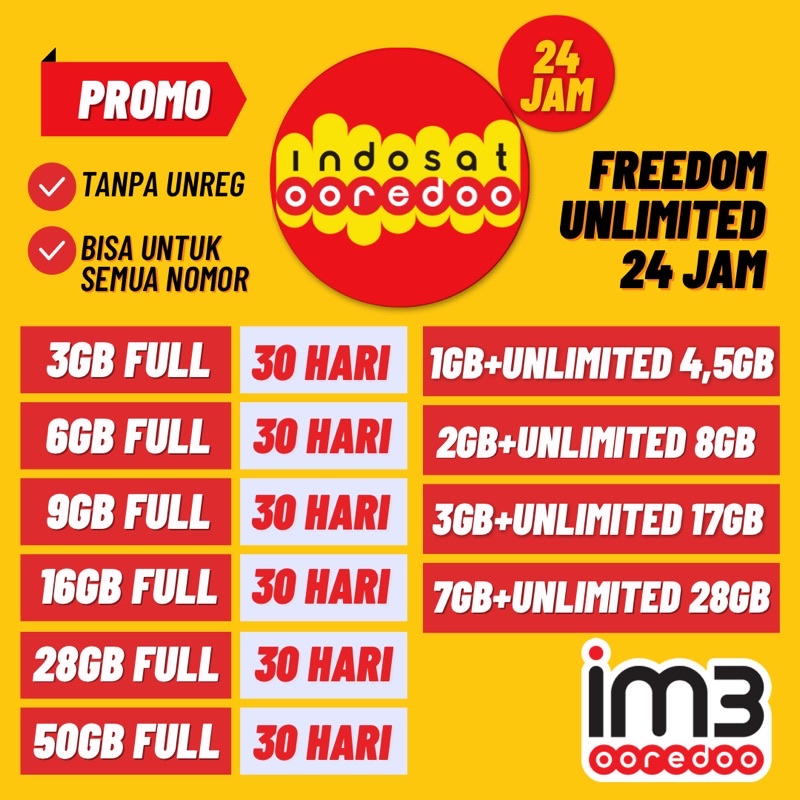 PAKET DATA KUOTA INDOSAT IM3 RESMI FREEDOM UNLIMITED MURAH FULL 24 JAM TANPA PEMBAGIAN