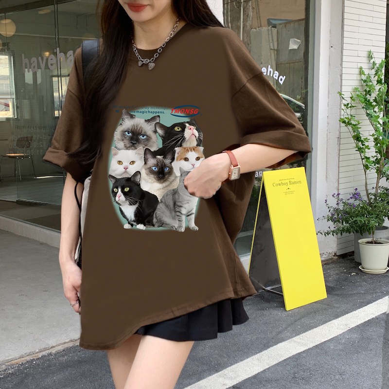 Baju Atasan Wanita Vintage Lengan Pendek Cute Cat Graphic Print T-shirt Oversize Kekinian Kaos Basic Ootd