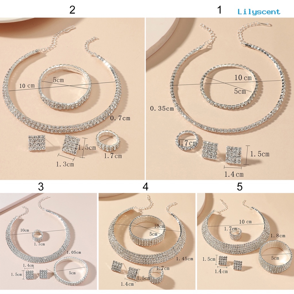 [LS] 4pcs/set Rantai Ekstensi Kalung Anting Gelang Cincin Adjustable Multi Baris Berlian Imitasi Penuh Wanita Choker Kalung Set Perhiasan Aksesori