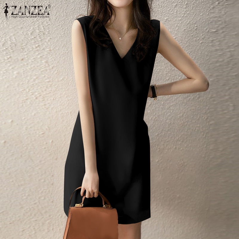 ZANZEAWomenElegantFashionaKoreanStreetStyleSleevelessVNeckSolidColorCasaulAll-MatchShortDress