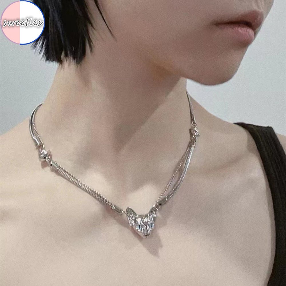 Y2k Wanita Korea ins Elegan Kepala Kucing Liontin Double layer Klavikula Rantai Choker Ringan Mewah Kalung Perhiasan