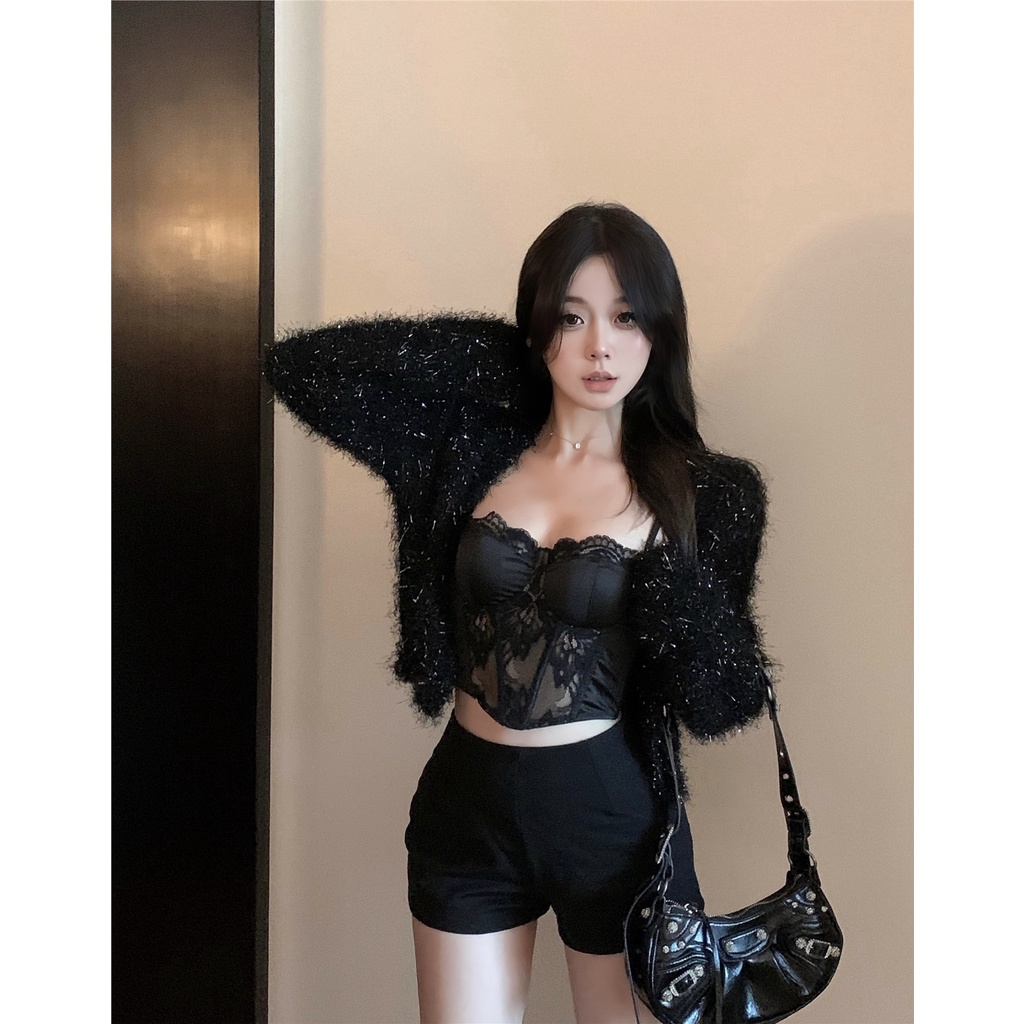 △✙Suhao sutra cerah berkualitas tinggi rajutan sweater kardigan kecil wanita musim gugur dan musim dingin pendek hitam manis hot gadis temperamen lengan panjang jaket top