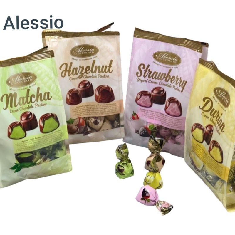 

Alessio Cioccolato Yogurt Creme Chocolate Praline Durian , Hazelnut , Matcha , Strawberry 200gr Coklat