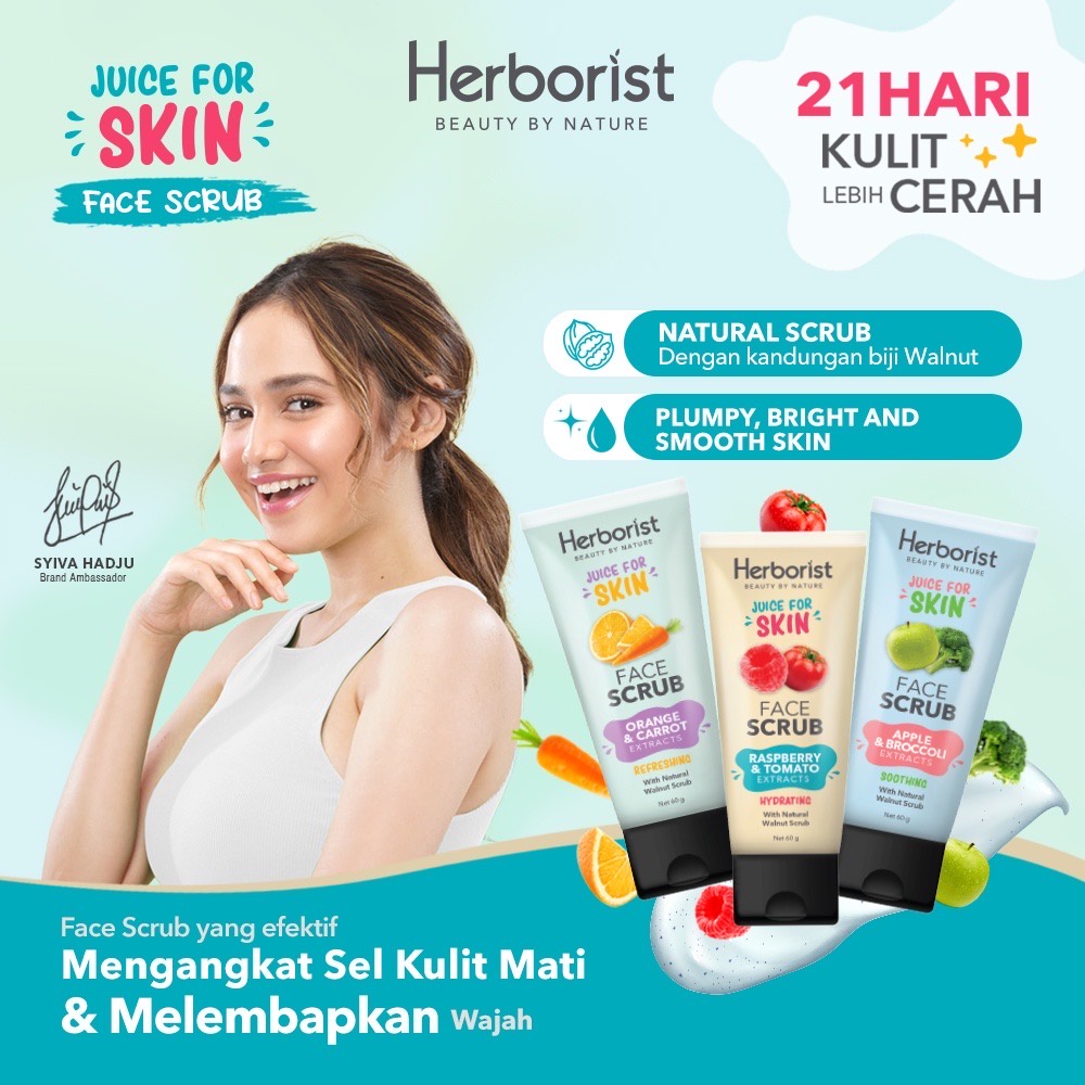 HERBORIST Juice For Skin Face Scrub Indonesia / Pembersih Wajah 60g / Refreshing With Natural Walnut / Brightening Soothing Hydrating / Orange Apple Raspberry Extracts / Peeling Exfoliasi Skincare Facial Care Muka Body Serum Exfoliating Gel Mineral Lotion