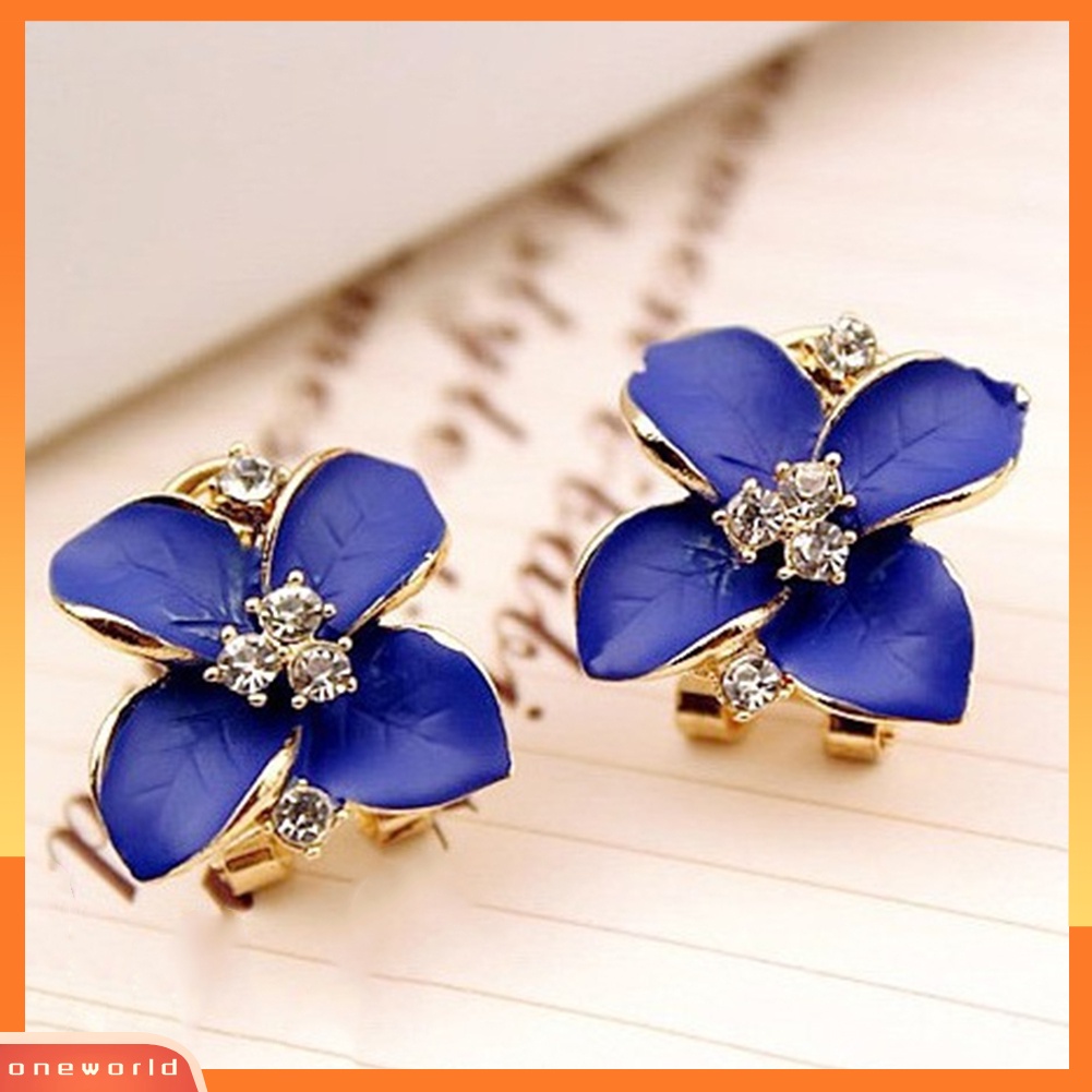 OW@ Women Rhinestone Inlaid Enamel Clover Shape Stud Earrings Party Jewelry Gift