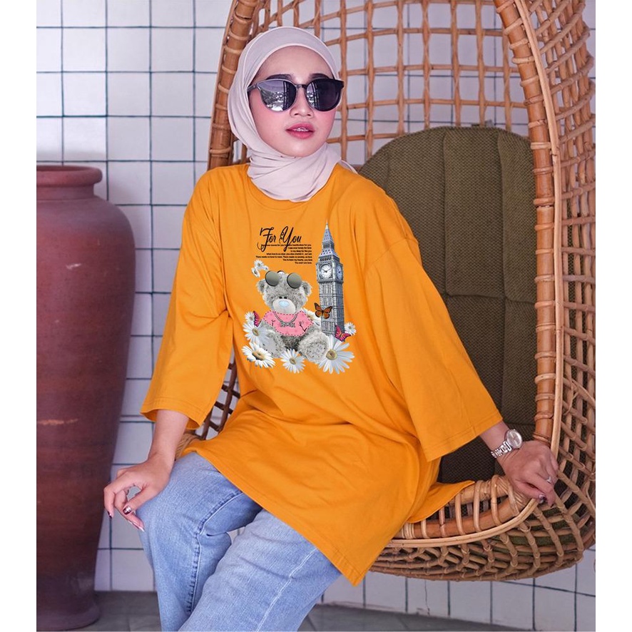KAOS OVERSIZE TOP HIJAB WANITA BASIC DTF BUNGA BEAR / OVERSIZE SLIT BLOUSE GAMBAR DTF / DIGITAL PRINT