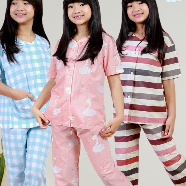 Terlaris Set Baju Tidur/Piyama Anak Perempuan Laki Laki Katun Kerah Y Motif Garis Kotak Usia 1-15 Tahun