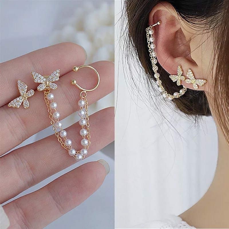 Anting WanitaTusuk 1Pcs Klip Pearl Butterfly