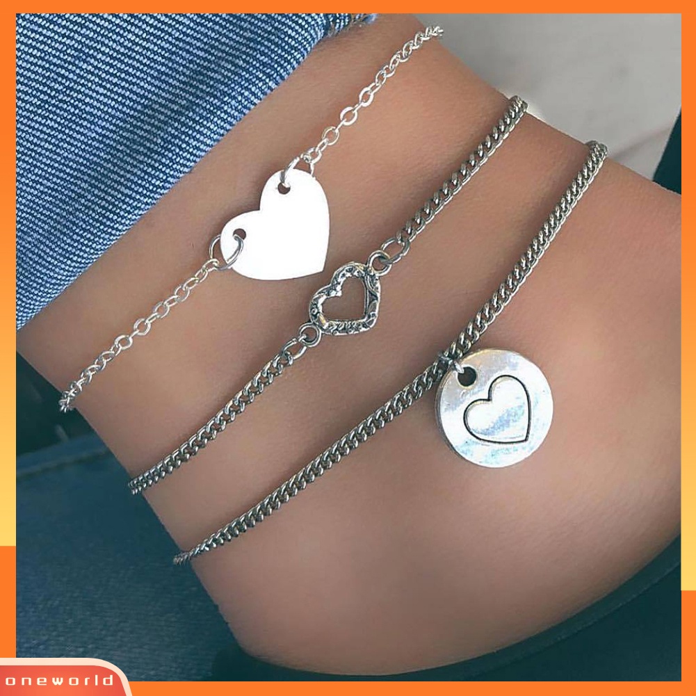 [WONE] 3 Pcs Multi-layer Bulat Jantung Pesona Gelang Kaki Wanita Berongga Pergelangan Kaki Rantai Kaki Perhiasan