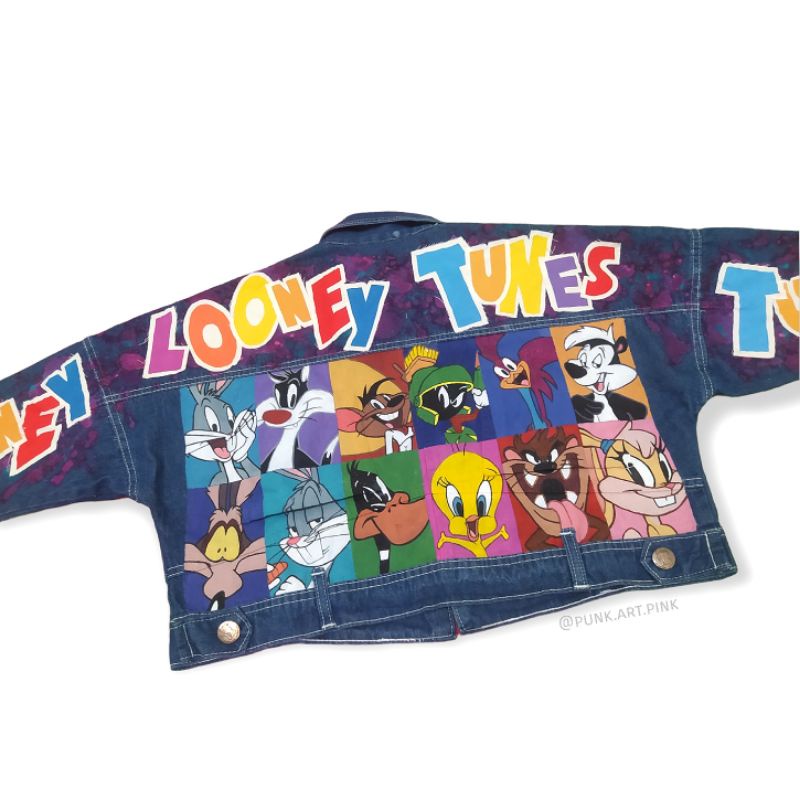 Jaket jeans crop oversize denim lukis painting kartun