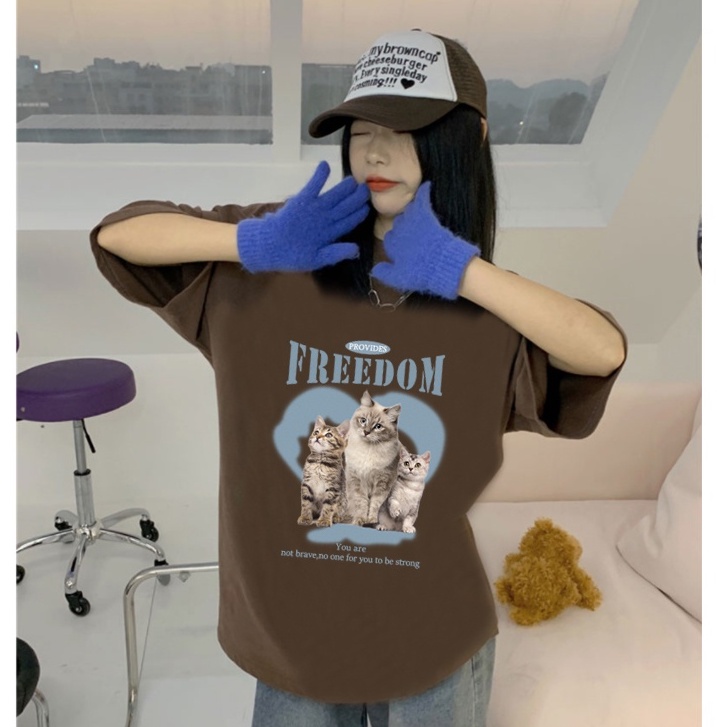 baju atasan wanita terbaru kaos american retro cat letter graphic print T-shirt oversize kekinian toffe kaos basic