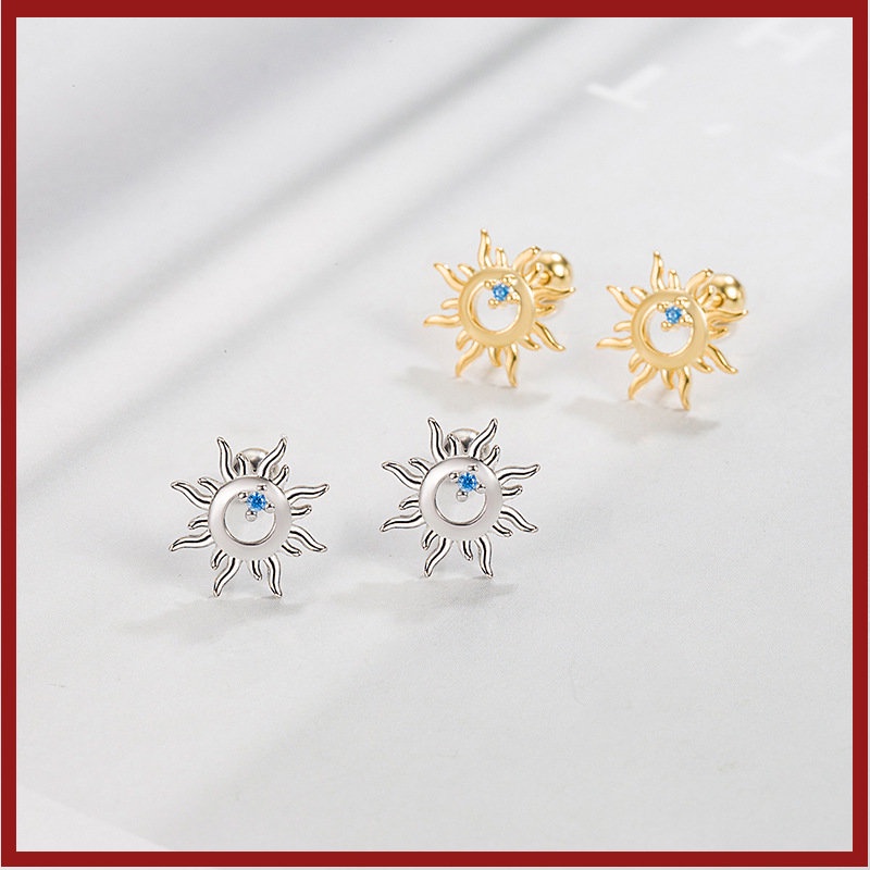 Anting Tusuk Matahari Hollow Berlian Biru Model Ulir Putar Anti Mati Earrings Untuk Wanita U1177