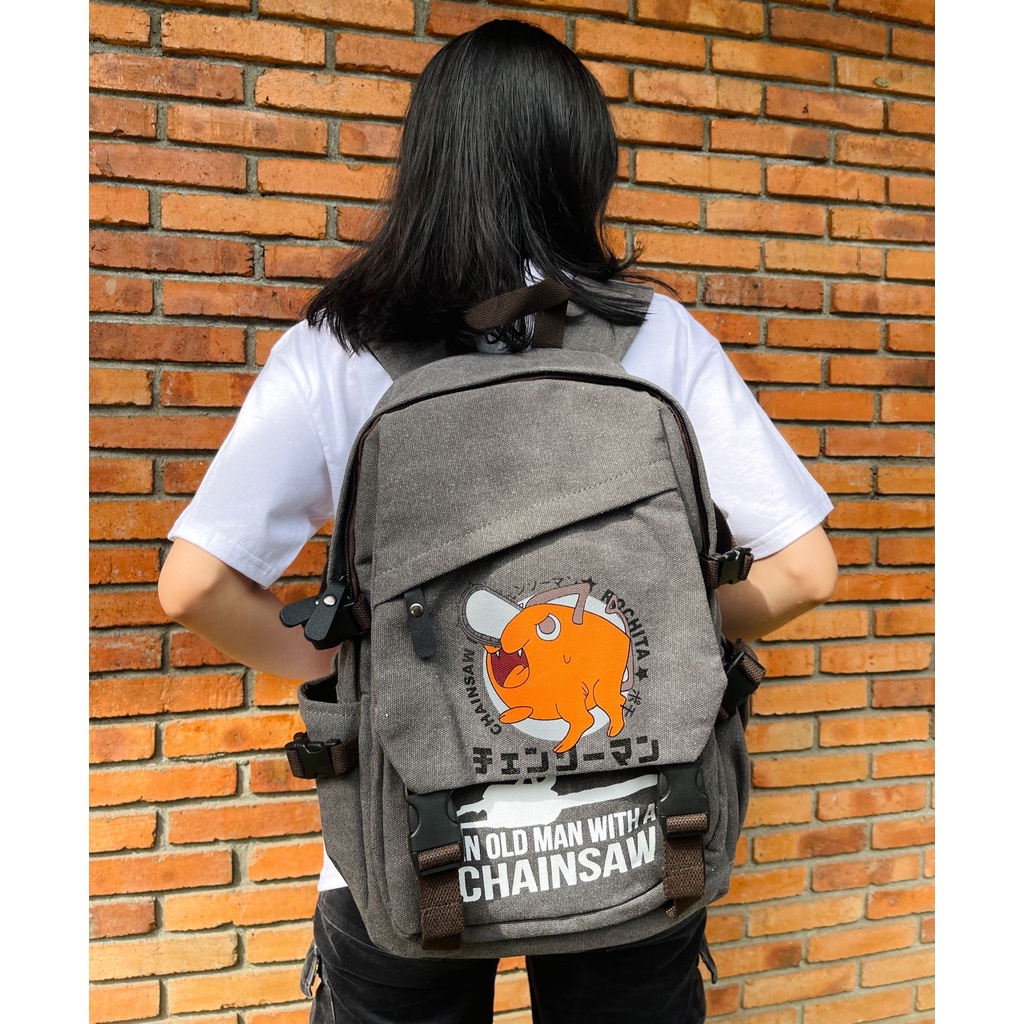 Bagpack Pochita Kanji Canvas Grey Anime Manga Chainsaw Man Premium Unisex