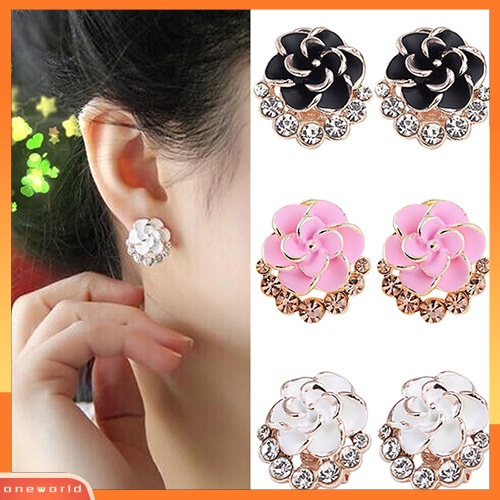 [WONE] Wanita Peony Camellia Bunga Berlian Imitasi Alloy Ear Stud Earrings Perhiasan Pesta