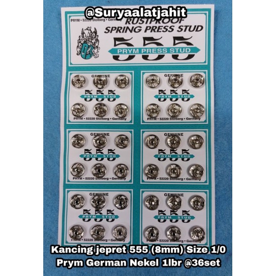 Kancing jepret 555 (8mm) Size 1/0 Prym Nekel 1lembar =rp.8.500/36set