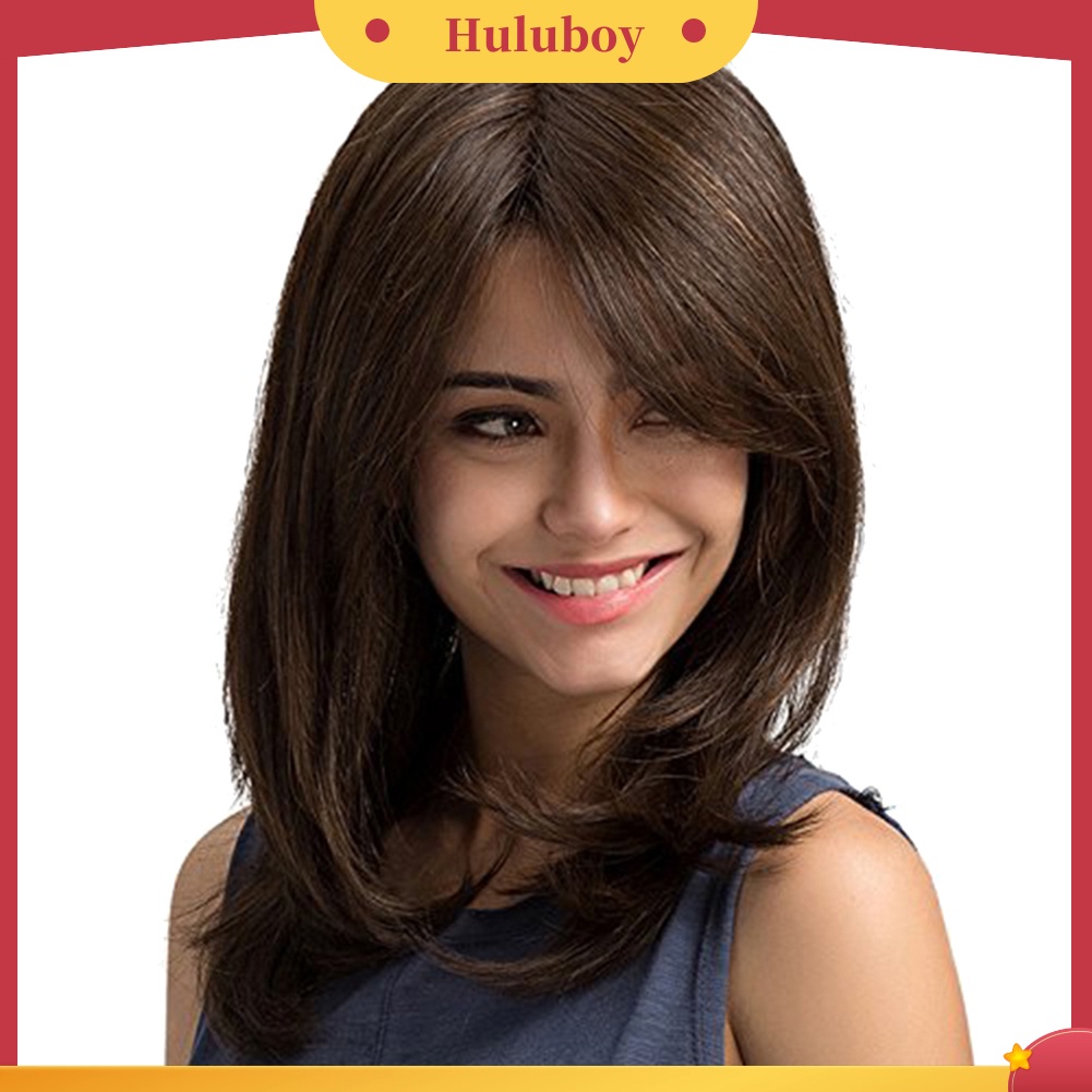 Wig Rambut Panjang Lurus Natural Dengan Poni Samping Untuk Wanita