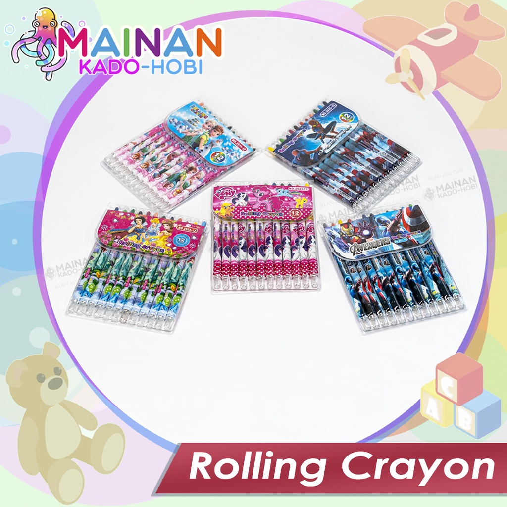 ALAT TULIS STATIONERY ROLLING CRAYON PANJANG PUTAR KARAKTER ANIME KARTUN SUPERHERO