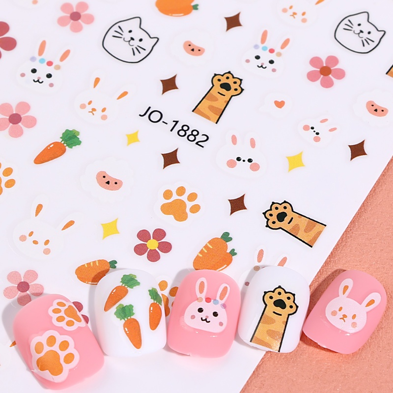 1lembar 3D Kartun Beruang Wortel Kelinci Stiker Kuku Hewan Bunga Perekat Diri Kuku Stiker DIY Manicure Art Supplies