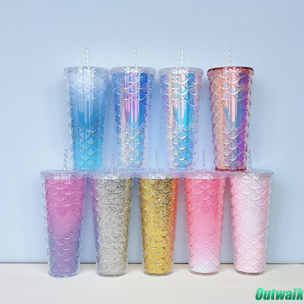 710ml Starbucks Straw Cup With Lid Double Layer Insulasi Panas Fish Scale Cup Net Botol Minum Tipe Merah