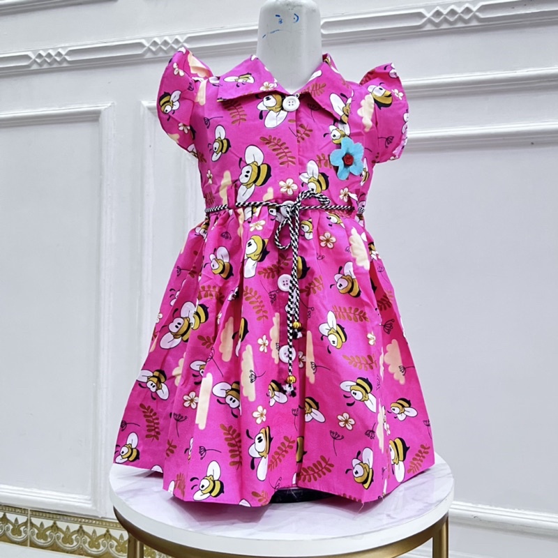 Dress anak 1 2 tahun kancing kartun motif karakter lebah tawon kancing honey bee