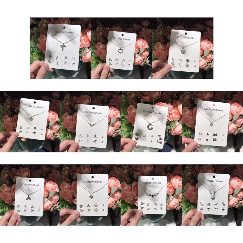 Korea Trendi Zirkon Liontin Kalung 4pasang Anting Pejantan Fashion Perhiasan Set Sederhana Warna Perak Klavikula Rantai Telinga Stud Set