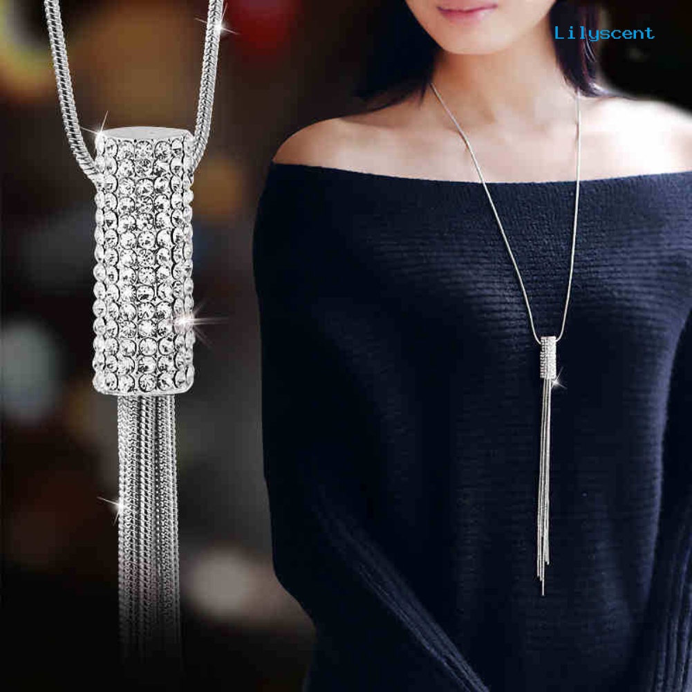 [LS]Wanita Full Cubic Zircon Silinder Liontin Rantai Panjang Rumbai Kalung