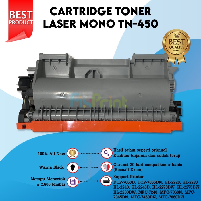 Cartridge Toner Compatible TN-450 TN450, Printer Laser Mono Bro DCP-7060D DCP-7065DN HL-2220 HL-2230 HL-2240 HL-2240D HL-2270DW