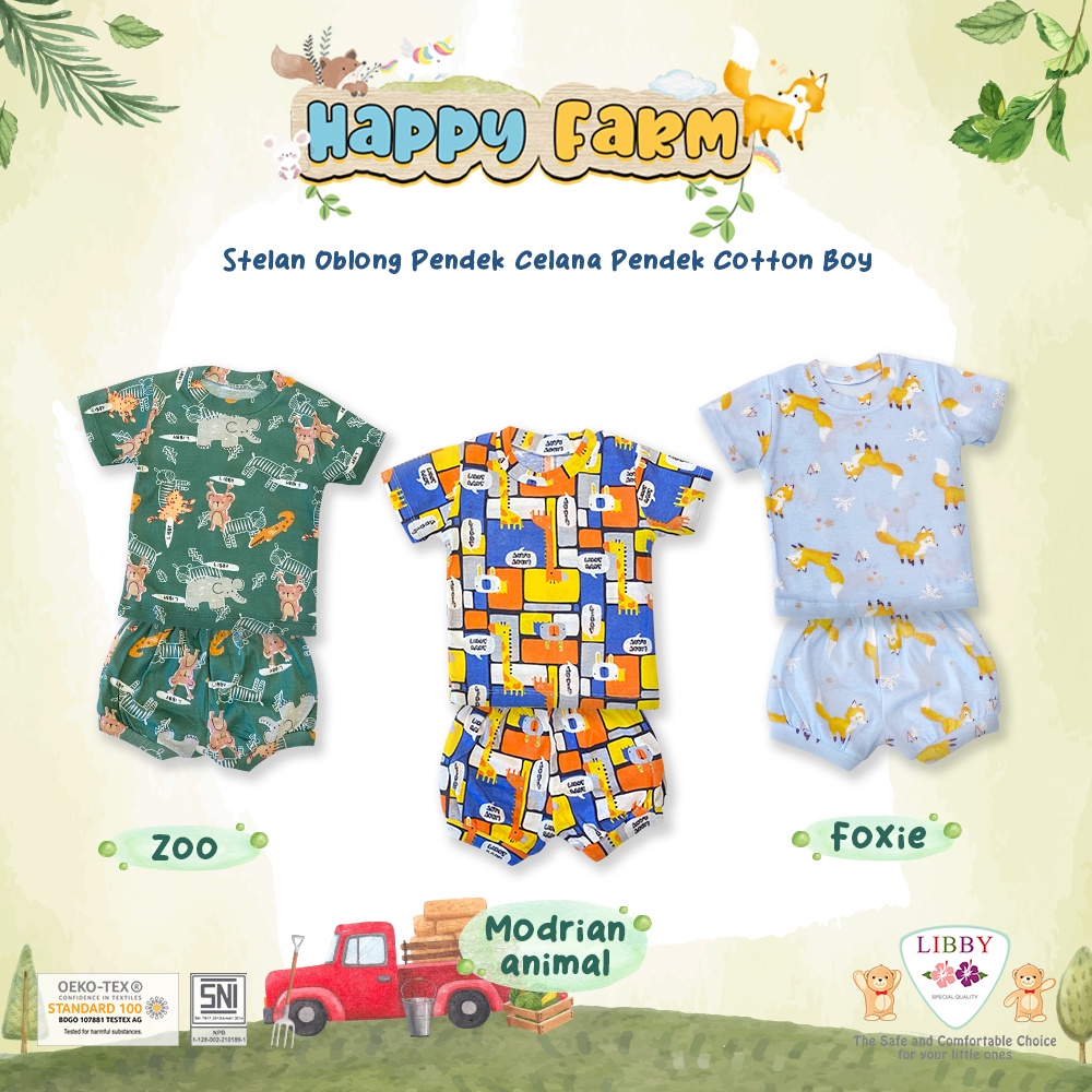 [BUNDLE HEMAT 3stel BOY ] LIBBY (3stel) Stelan Atasan PENDEK + Celana PENDEK Oblong Cotton Motif Print BOY (0-19kg)