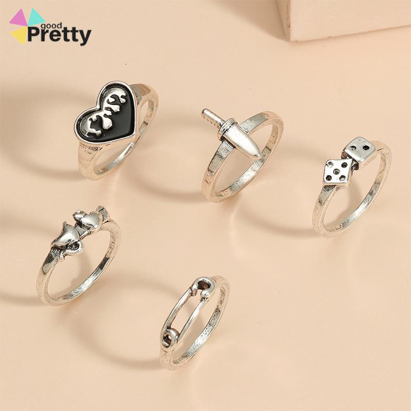 Domingo Ring Alloy peniti dadu love pedang retro silver cincin wanita fashion korea 5 set - PD