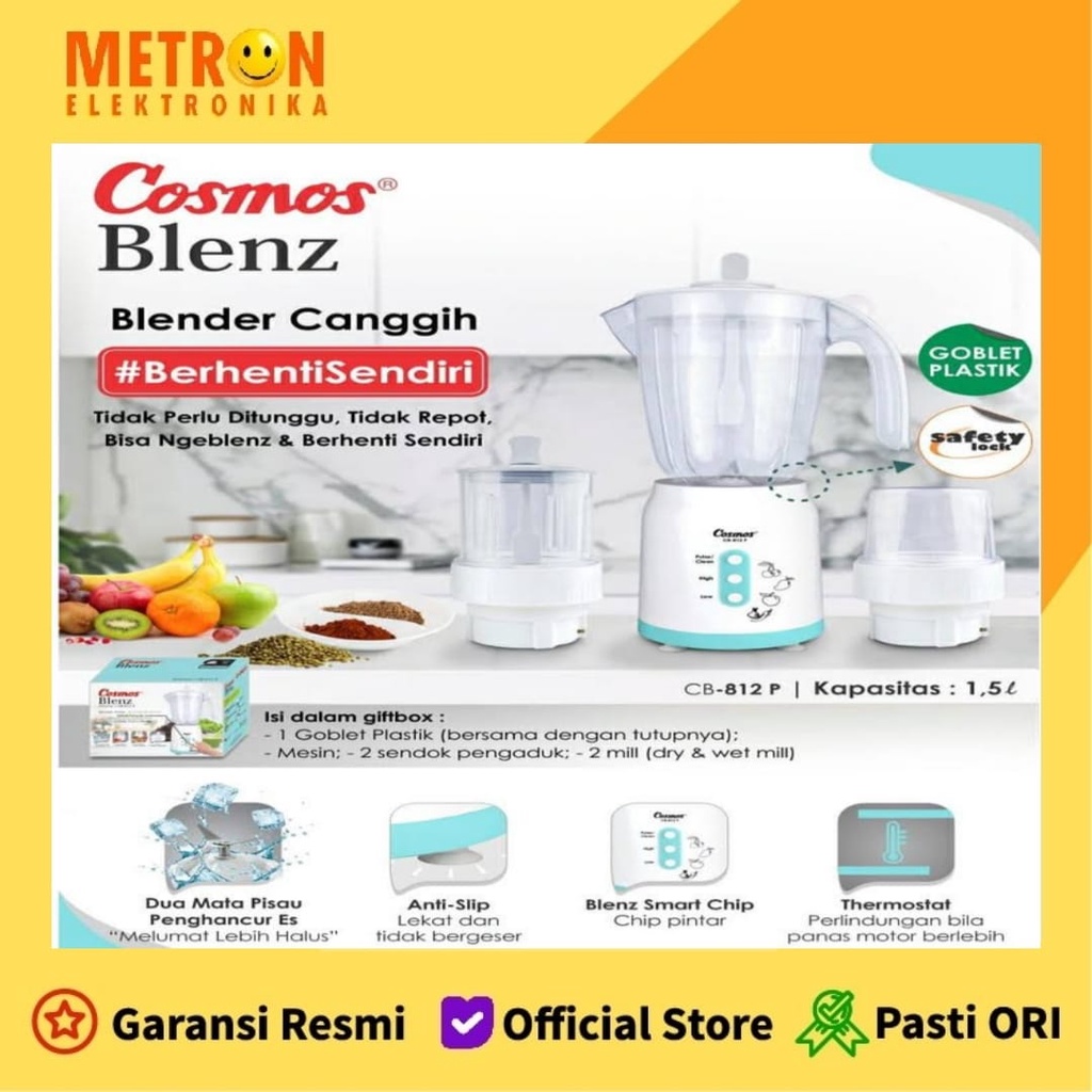 COSMOS CB 812 P BLENDER PLASTIK 1,5 LITER + 2 MILL BASAH DAN KERING / CB812P