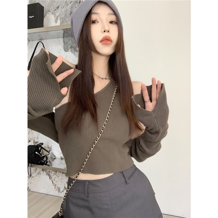 ♤Suhao Khaki Rajutan Kecil Cardigan Wanita Pendek Musim Gugur Gadis Panas Slim Slim Lengan Panjang Jaket Sweater Top Dua potong Set