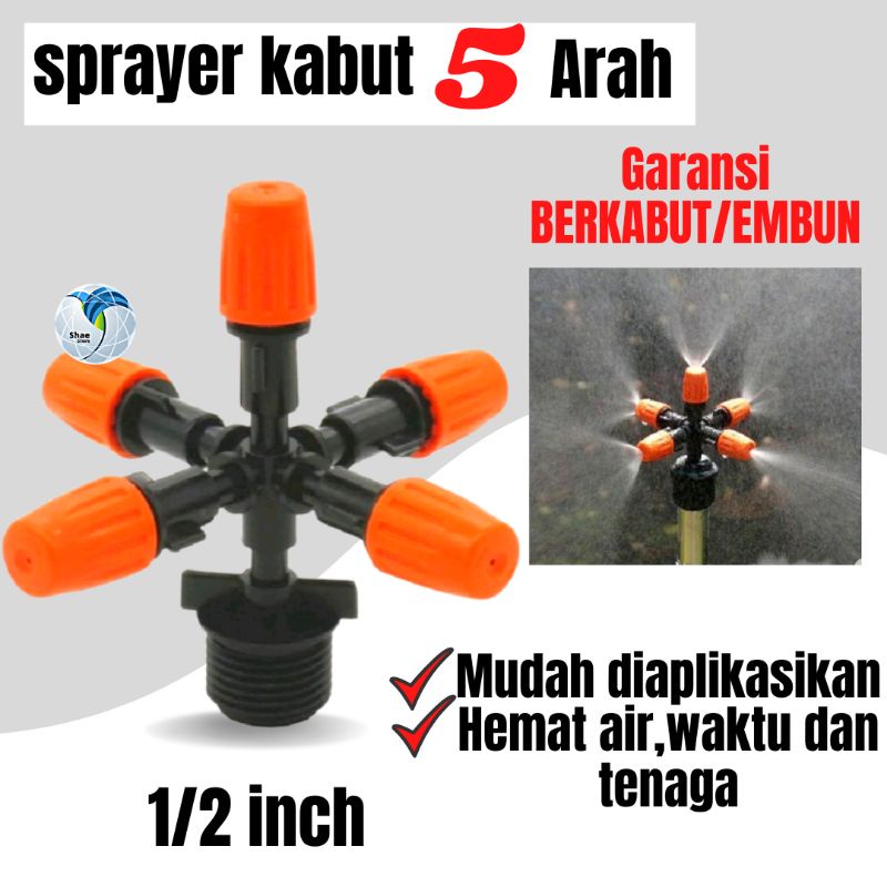 Sprayer Spuyer Sprinkler Kabut 5 Arah Mist Sprayer Nozzel Sistim Irigasi Taman Kebun Pendingin Kandang Shaestore15