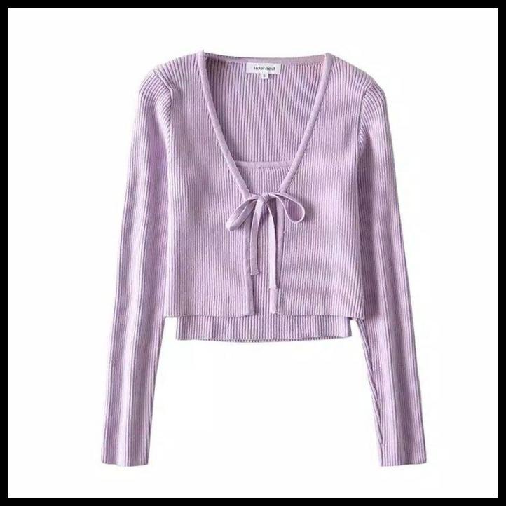 Cardigan Wanita Crop Top Korea Rajut Lilac Kekinian Outer Tanktop