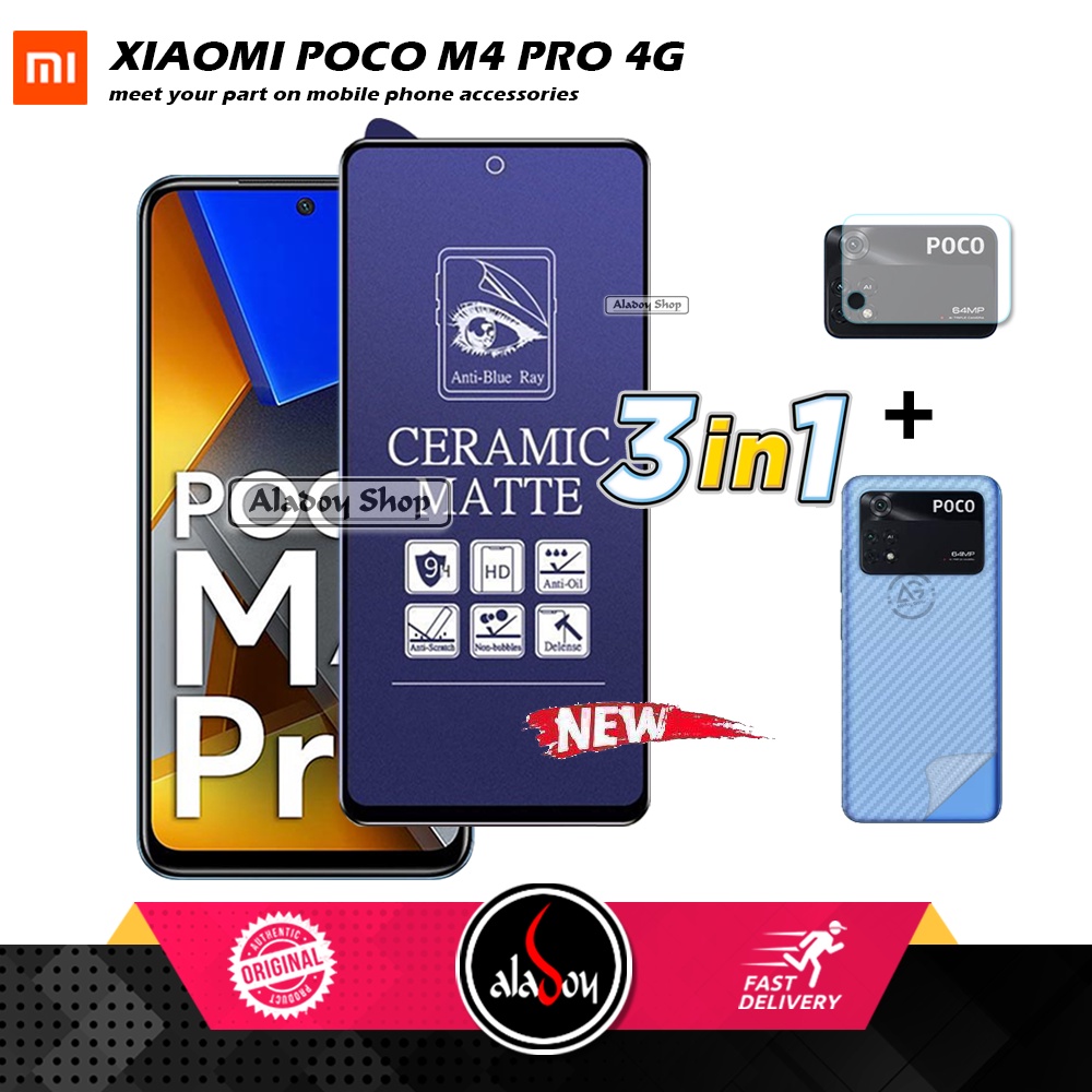 PAKET 3IN1 Anti Gores Blue Matte Anti Glare Xiaomi Poco M4 Pro 4G + Tempered Glass Camera dan Skin Carbon