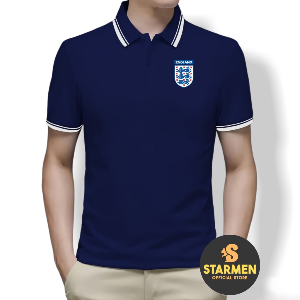 Kaos Polo Shirt Pria Kerah List Putih logo ENGLAND