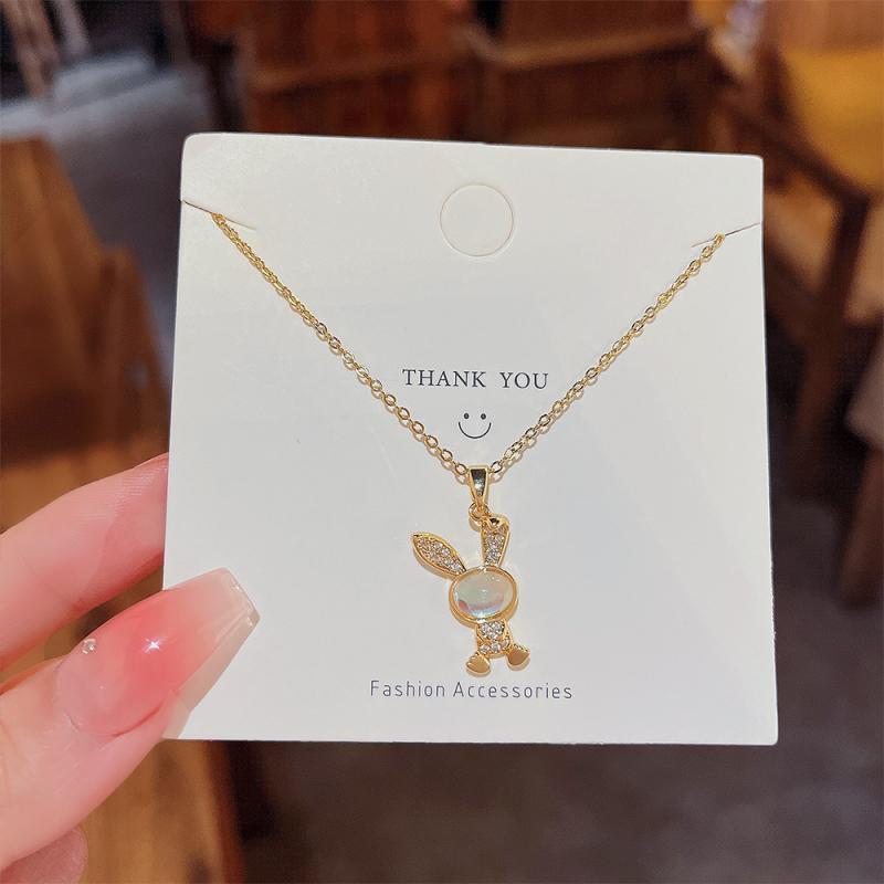 XiaoboACC Korea Fashion Micro Inlay Zirkon Kelinci Liontin Baja Titanium Klavikula Rantai Kalung - 40CM+6CM