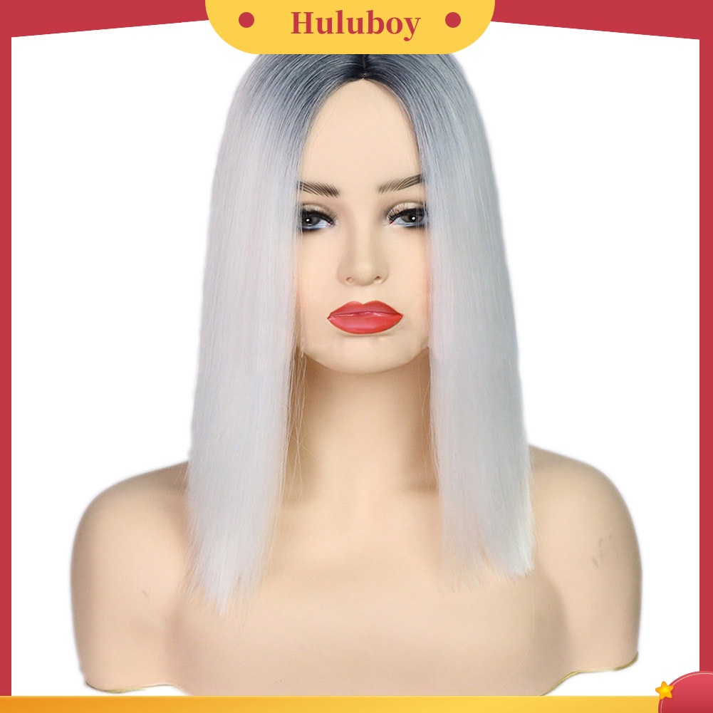 Wig Rambut Sintetis Model Lurus Warna Gradasi Hitam Putih Tahan Panas Untuk Wanita