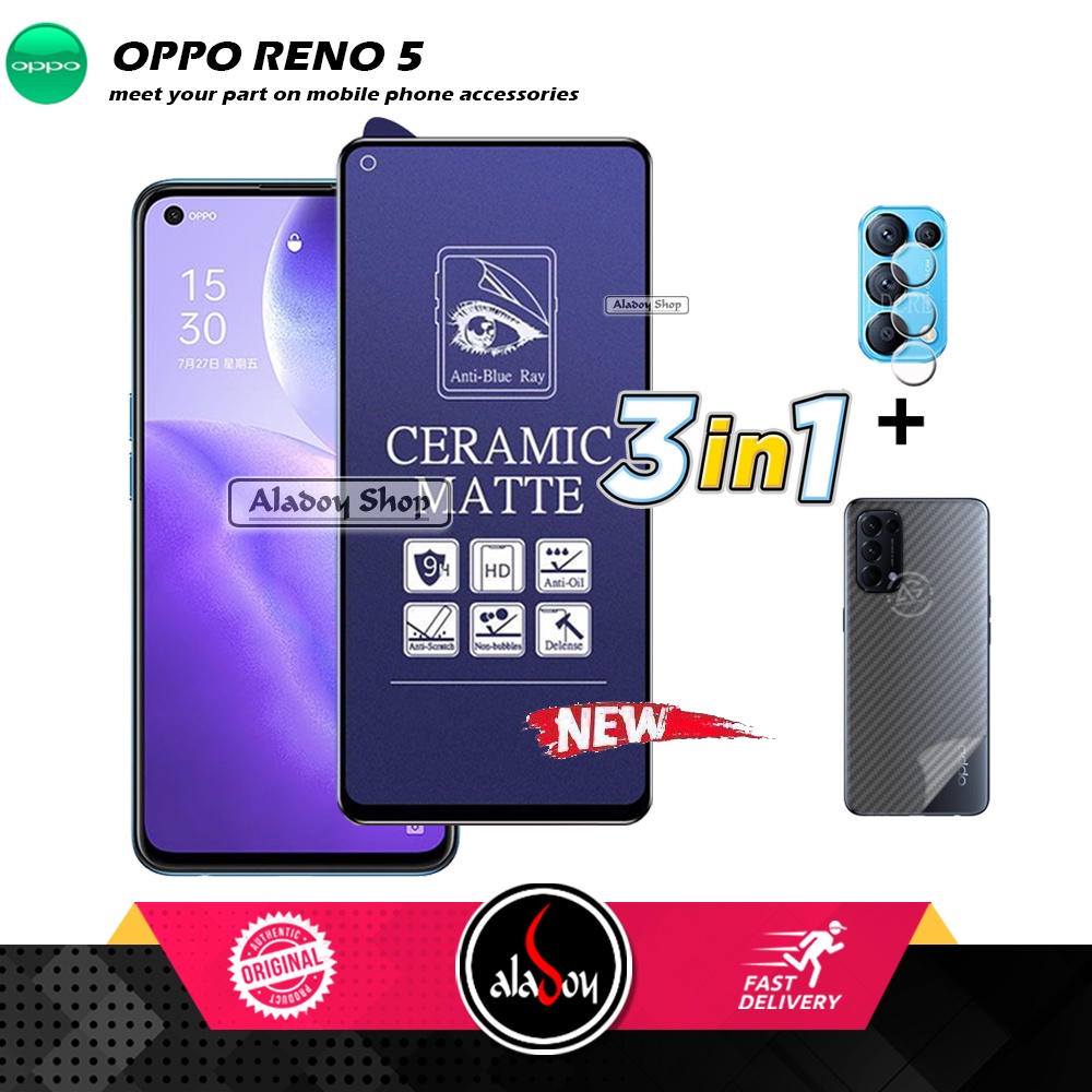 PAKET 3IN1 Anti Gores Blue Matte Anti Glare Oppo Reno 5 + Tempered Glass Camera dan Skin Carbon