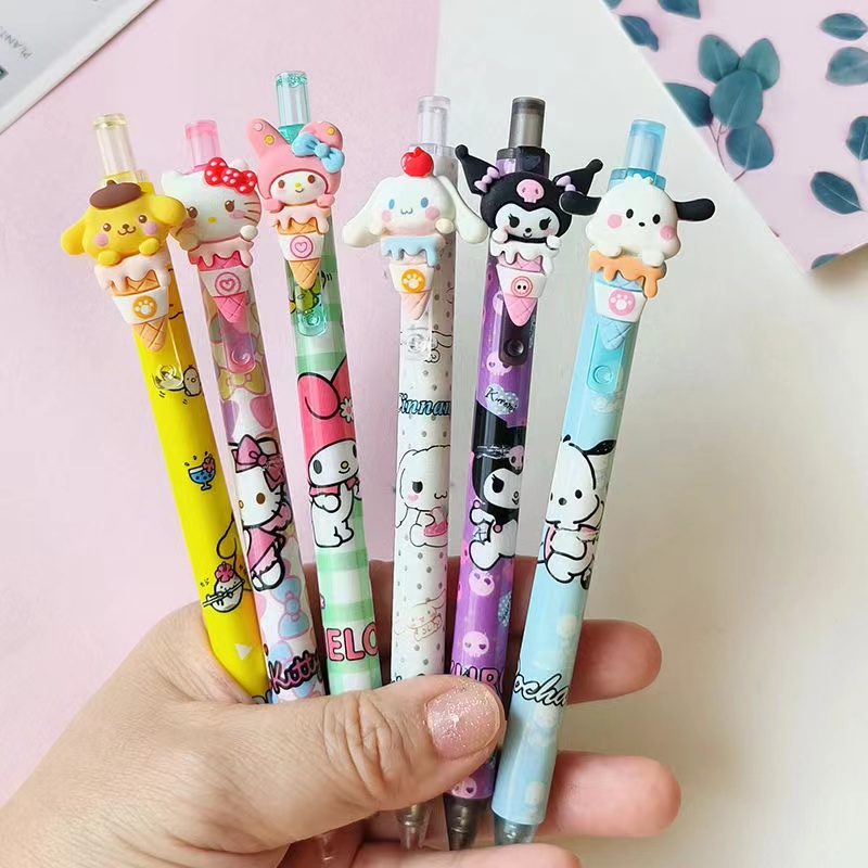 6pcs /lot Kartun Press Gel Pen 0.5mm Hitam Rollerball Tulis Alat Tulis