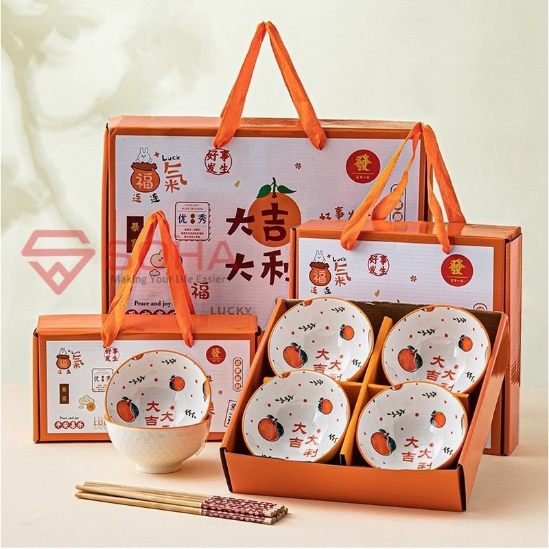 ART-057 Hampers imlek Set Mangkok Sumpit Sendok Keramik Kado Natal Souvenir Gift Hadiah Tahun Baru Chineses New Year CNY