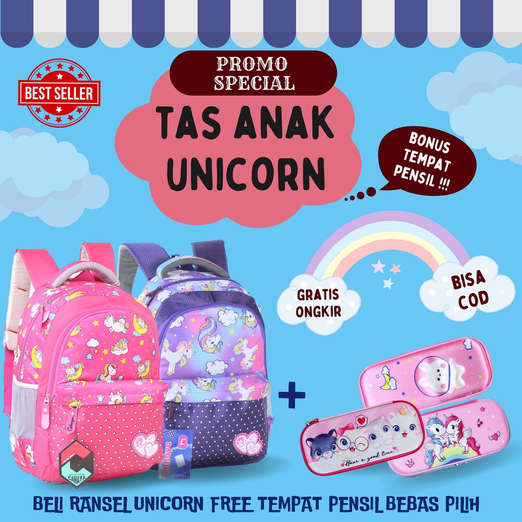 Ransel Anak Perempuan Unicorn Backpack Cewek TK SD Gambar Kuda Pony Cantik Lucu Bonus Tempat Pensil Free Pencil Case