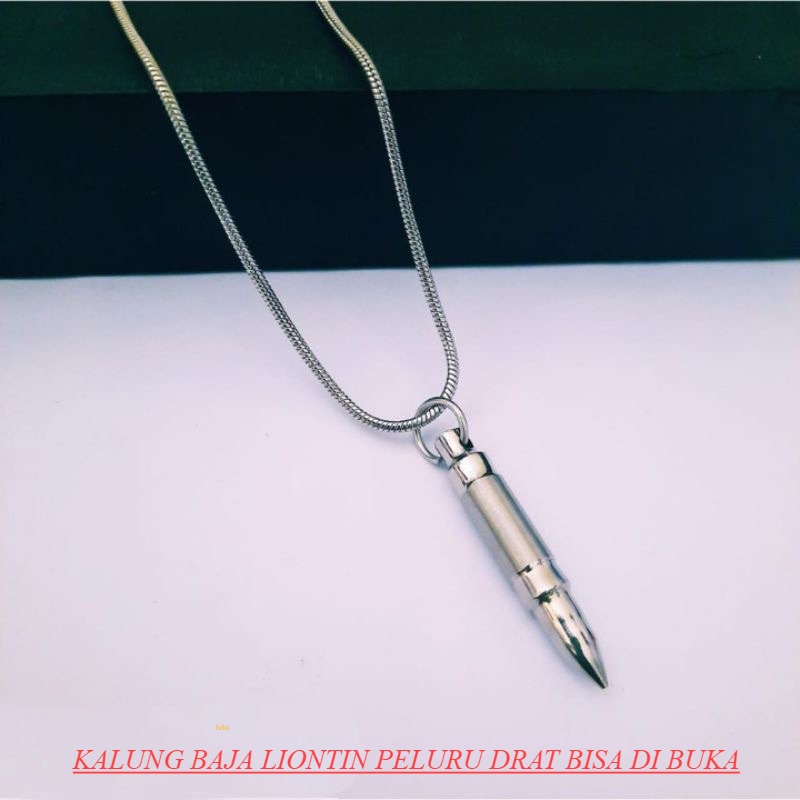 Kalung Titanium Pria Keren Kekinian Liontin Bandul Peluru Tabung Bisa Dibuka Anti Karat