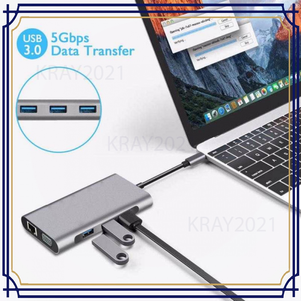 USB Type C Hub 10in1 HDMI+VGA+USB 3.0+RJ45+Card Reader -HB908