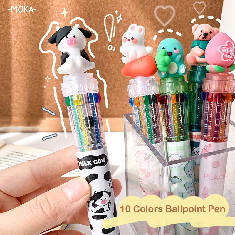 Pulpen Bolpoin Multi Warna Kantor Hadiah Acak 10warna Animal Serba-Satu Plastik Sekolah Isi Ulang Alat Tulis Warna-Warni Rollerball Pen Perlengkapan Lucu Kartun Kawaii Press Tulisan