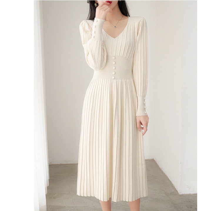 【Elegant】V Neck s Long Sleeve Ribbed Stretch Midi Dresses  2355