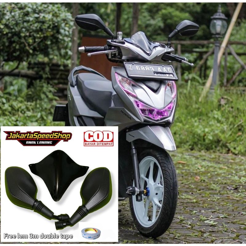 Visor variasi all new beat esp plus kaca spion click hitam polos plus lem 3m double tape pnp