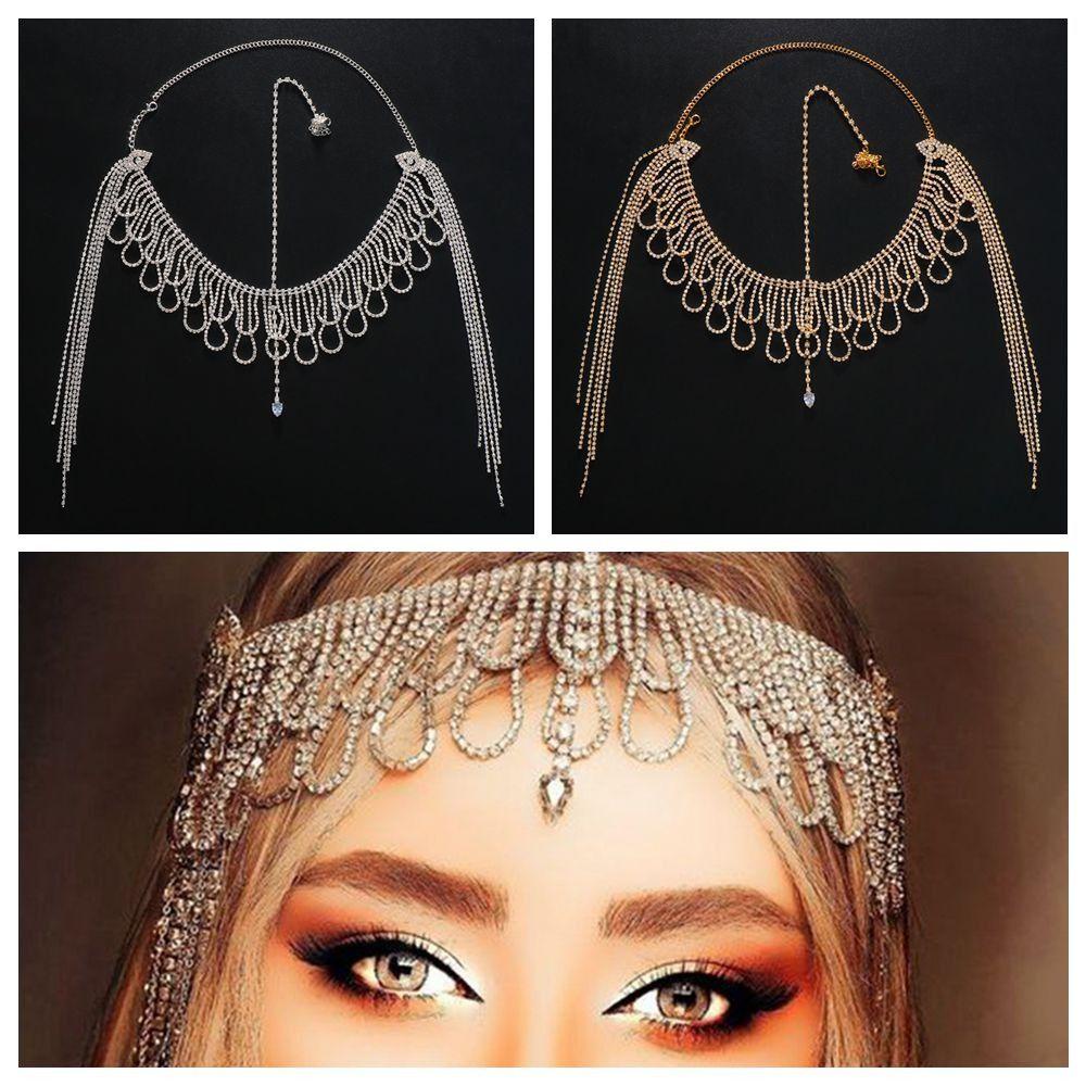 Lily Kepala Rantai Warna Silver Turban Hiasan Kepala Warna Emas Bohemian Kristal Berlian Imitasi