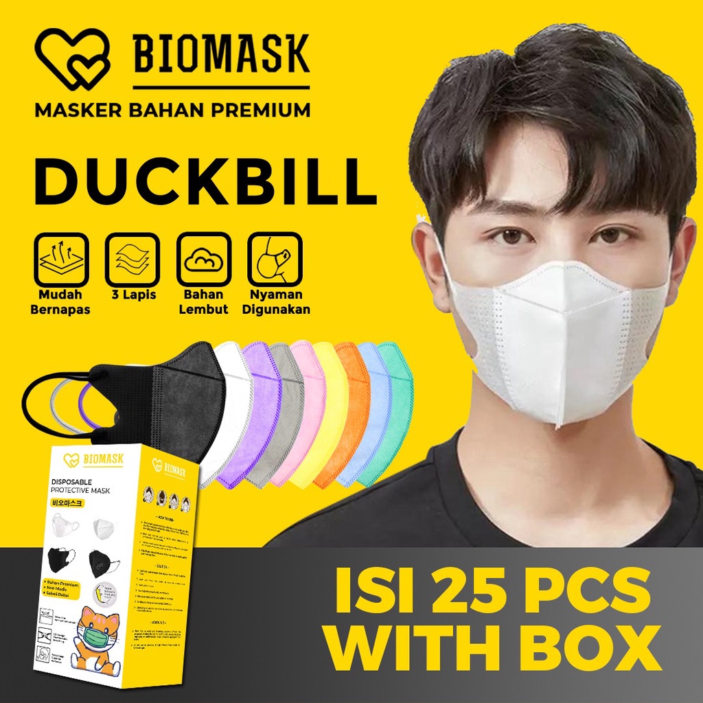 BIOMASK - Masker Duckbill Premium 1 Box 25 Pcs 3ply Hitam / Putih / Ungu / Hijau Tosca / Pink / Abu 