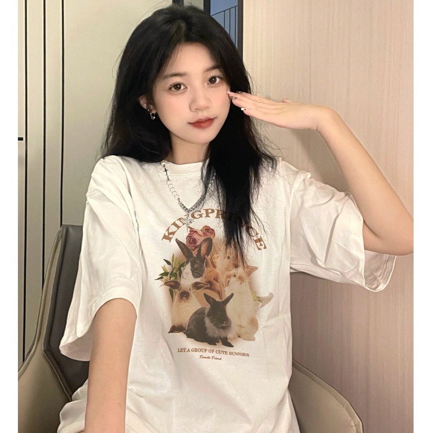 [100%  Katun]Kaos Couple Rabbit Oversize Kekinian Lengan Pendek Korean Style Printed T-shirt Baju Wanita Hitam